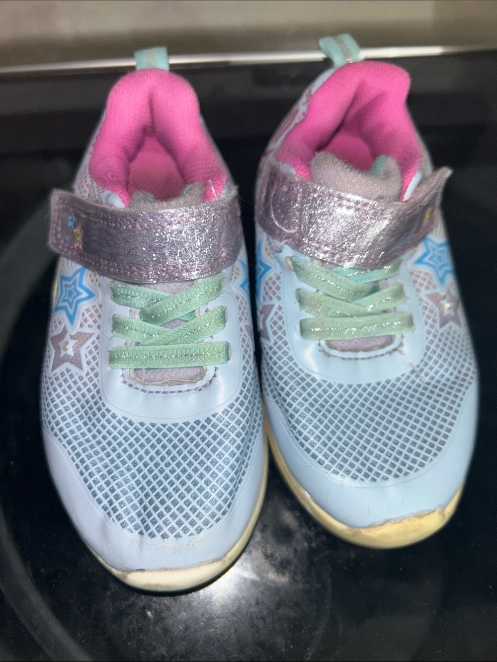 Kids Light Blue Glitter Star Sneakers with Pink Lining